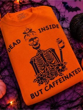 Dead Inside But Caffeinated Graphic Crewneck Sweatshirt - Orange